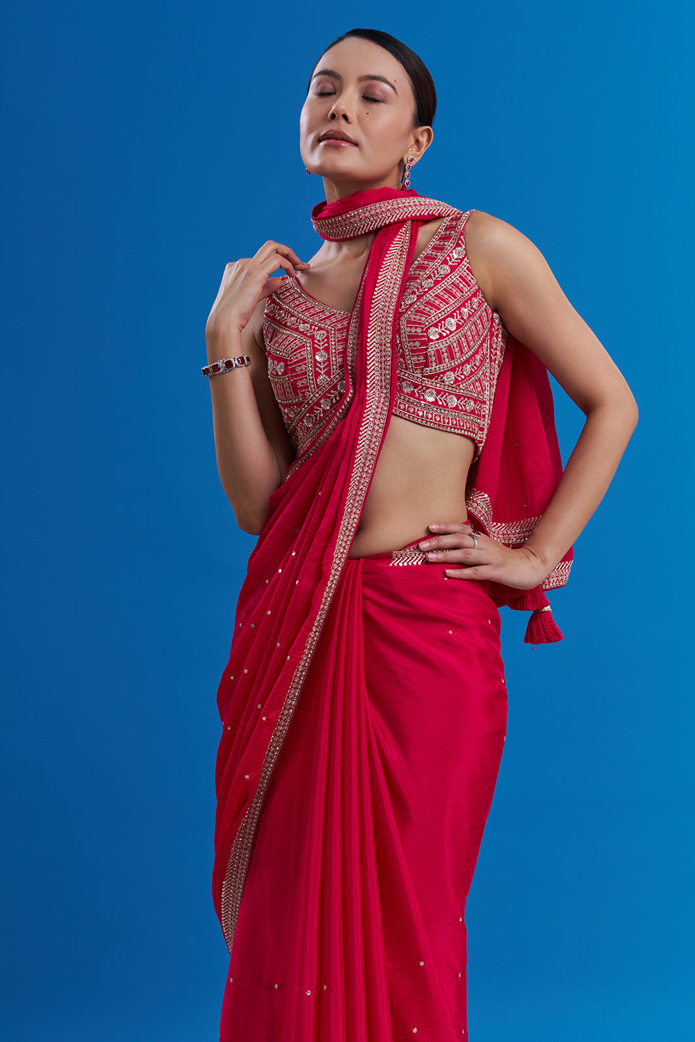 Rani Pink Crepe Saree with Butti Work And Unstitched Blouse