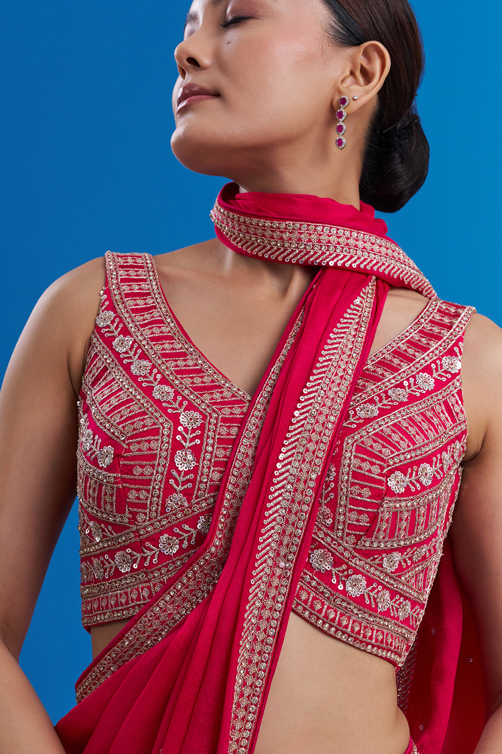 Rani Pink Crepe Saree with Butti Work And Unstitched Blouse