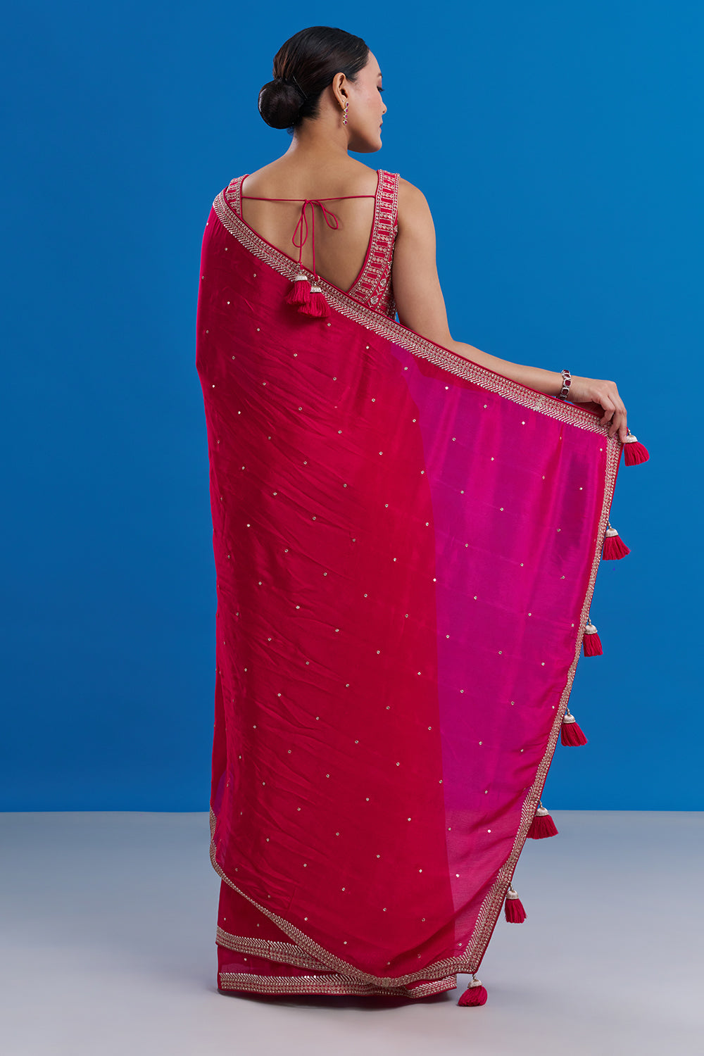 Rani Pink Crepe Saree with Butti Work And Unstitched Blouse