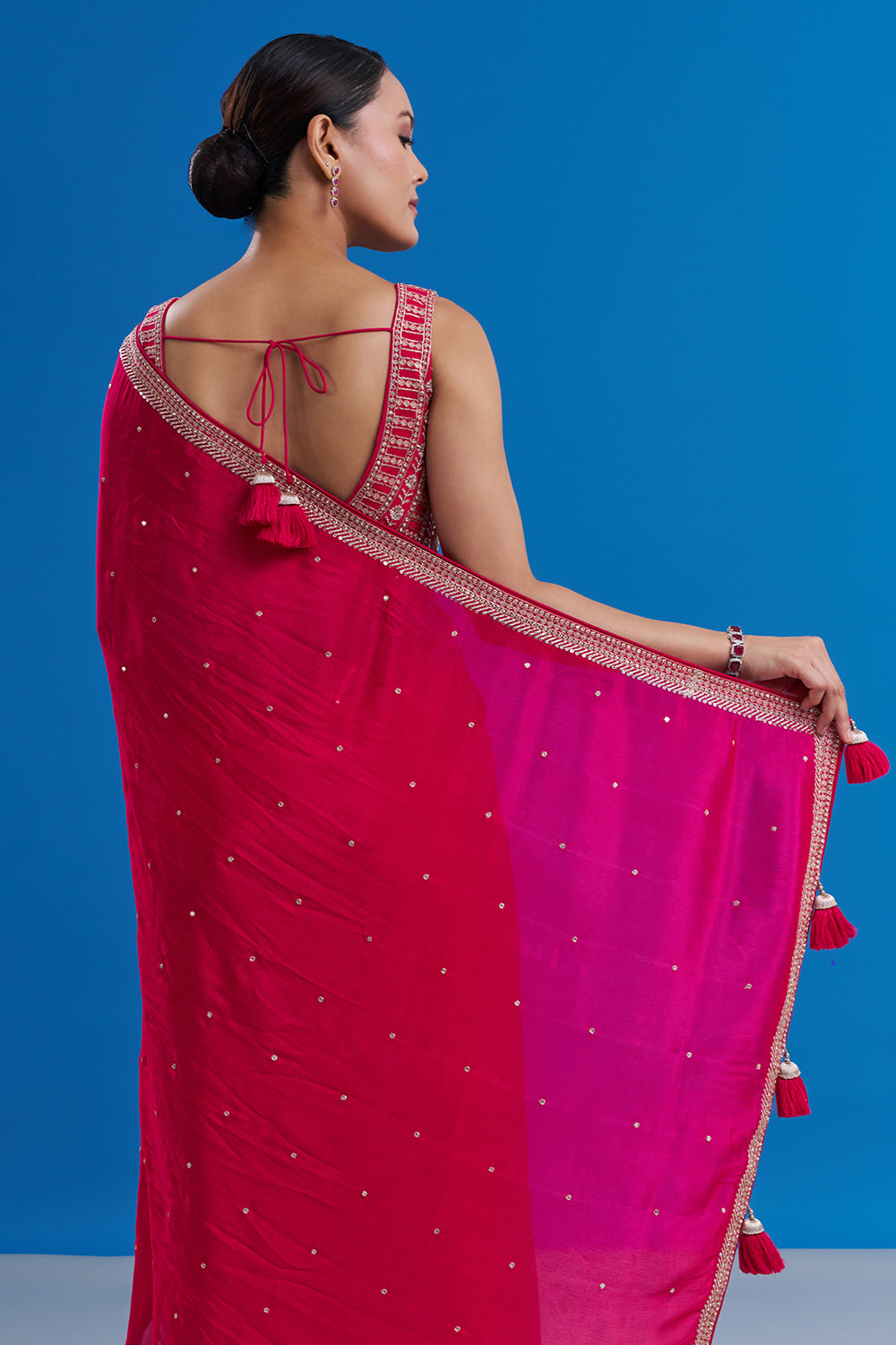 Rani Pink Crepe Saree with Butti Work And Unstitched Blouse