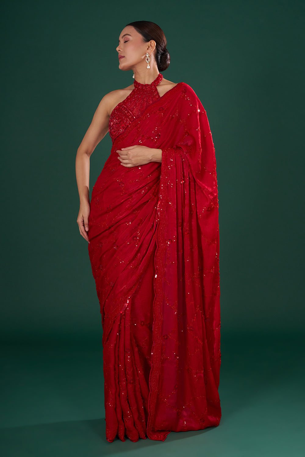 Red Embroidered Crush Jimmy Choo Saree with Sequin Hand Work