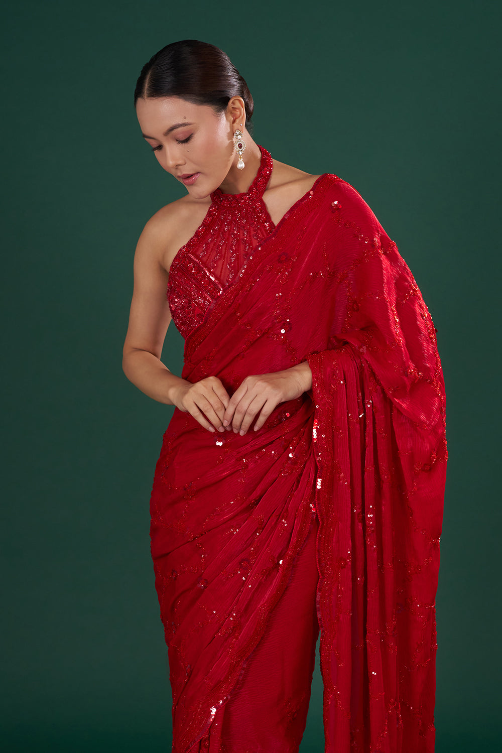 Red Embroidered Crush Jimmy Choo Saree with Sequin Hand Work