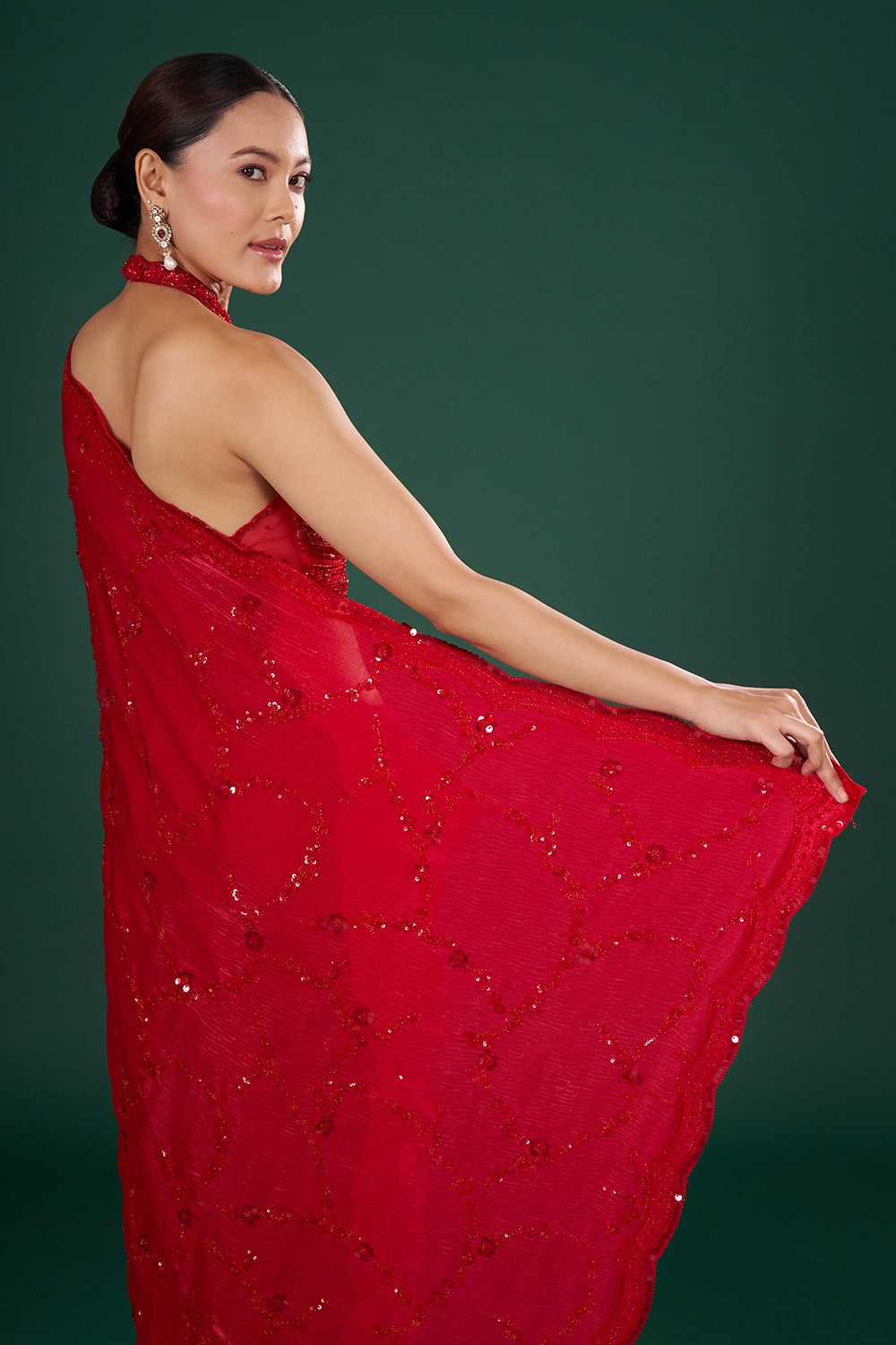 Red Embroidered Crush Jimmy Choo Saree with Sequin Hand Work