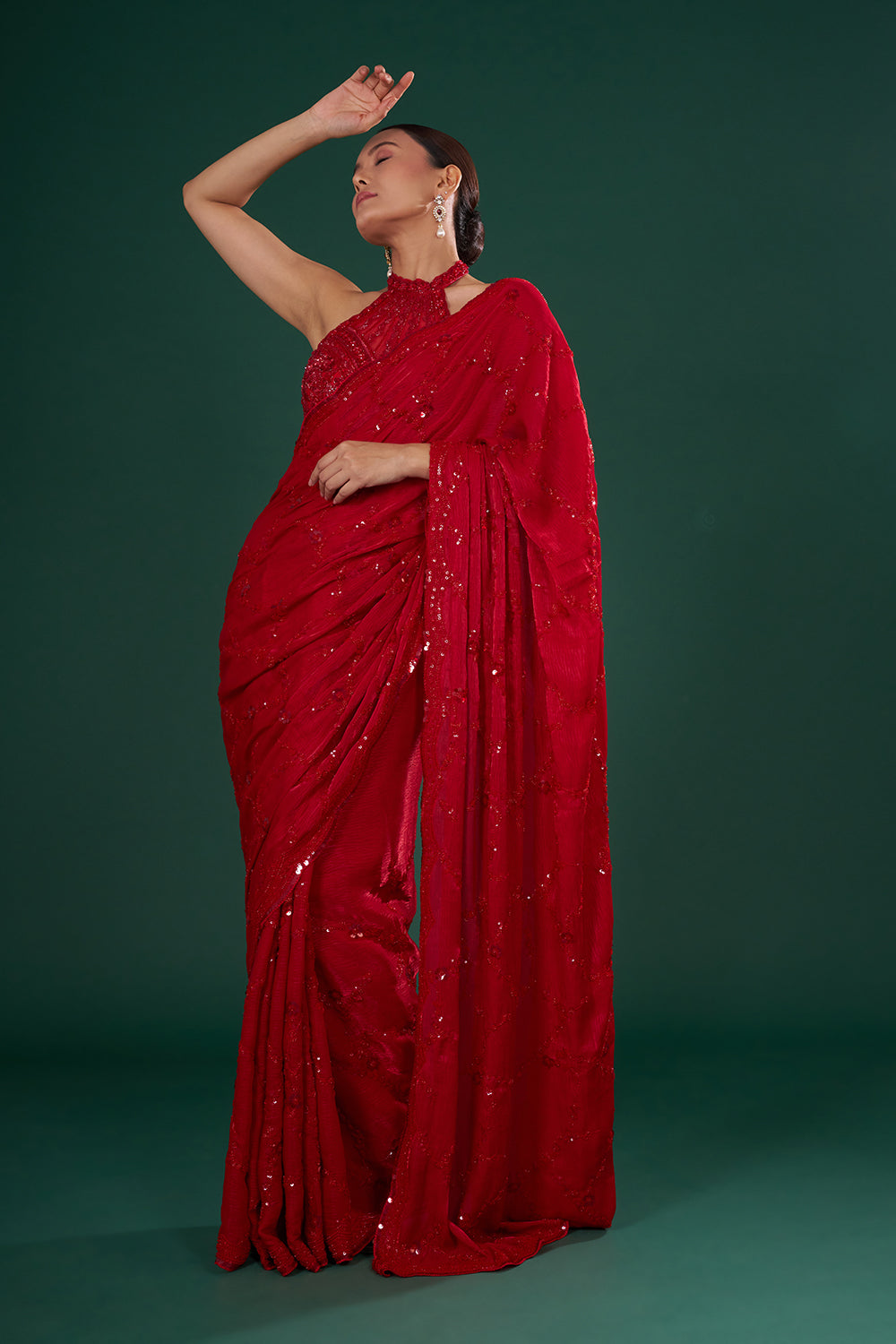 Red Embroidered Crush Jimmy Choo Saree with Sequin Hand Work