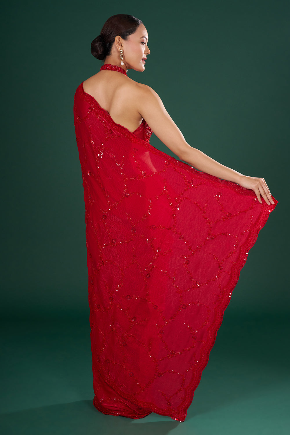 Red Embroidered Crush Jimmy Choo Saree with Sequin Hand Work