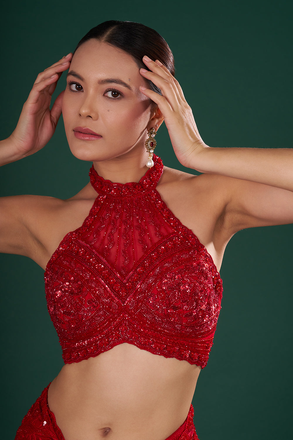 Red Embroidered Jimmy Choo Shimmer Saree with Sequin, Pearl & Resham Hand Work