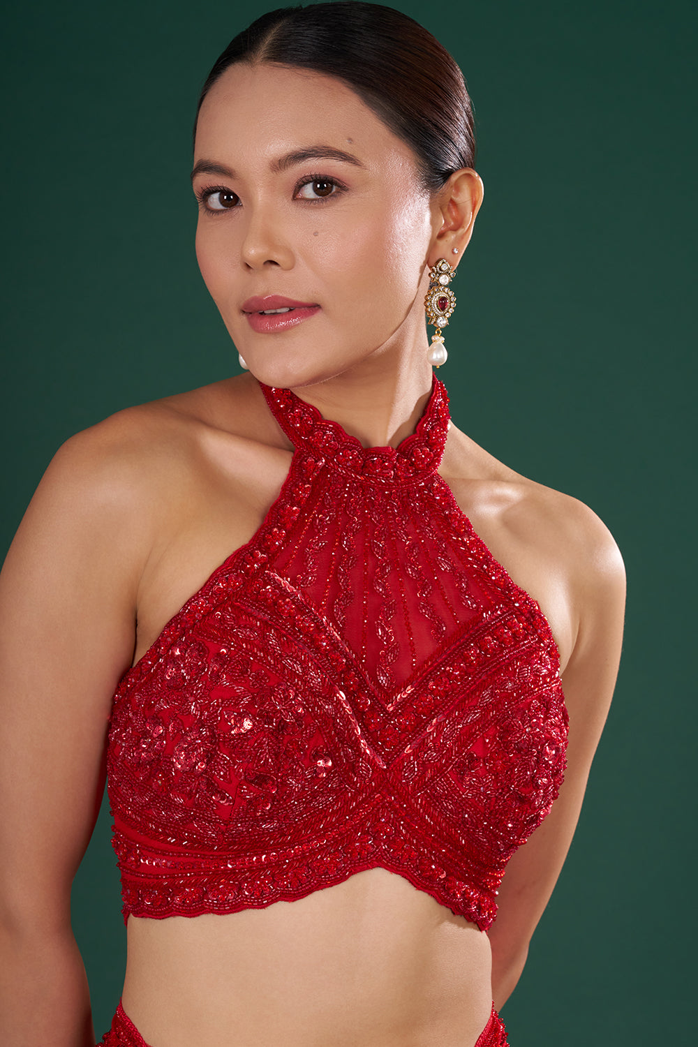 Red Embroidered Net Saree with Sequin & Pearl Hand Work