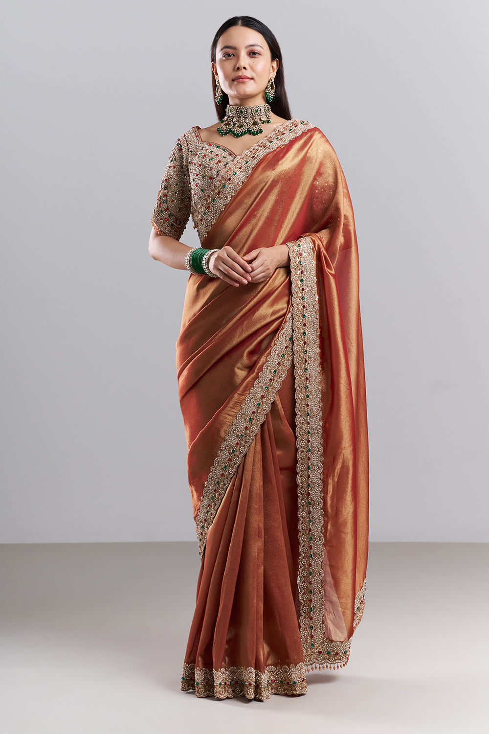 Rose Gold Embellished Border Saree and Unstitched Blouse