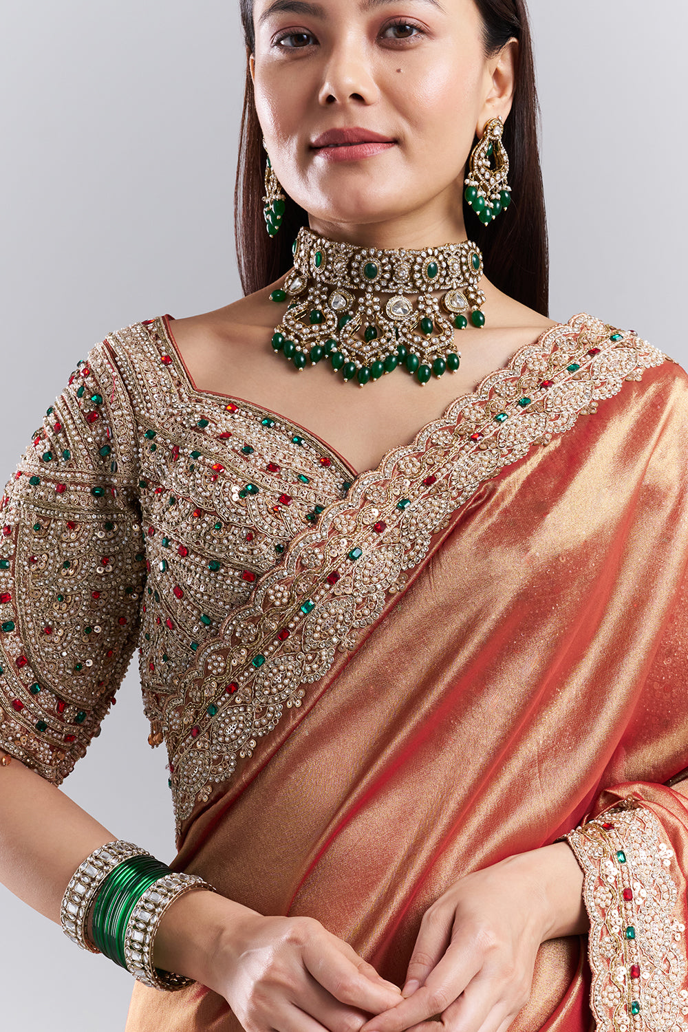 Rose Gold Embellished Border Saree and Unstitched Blouse