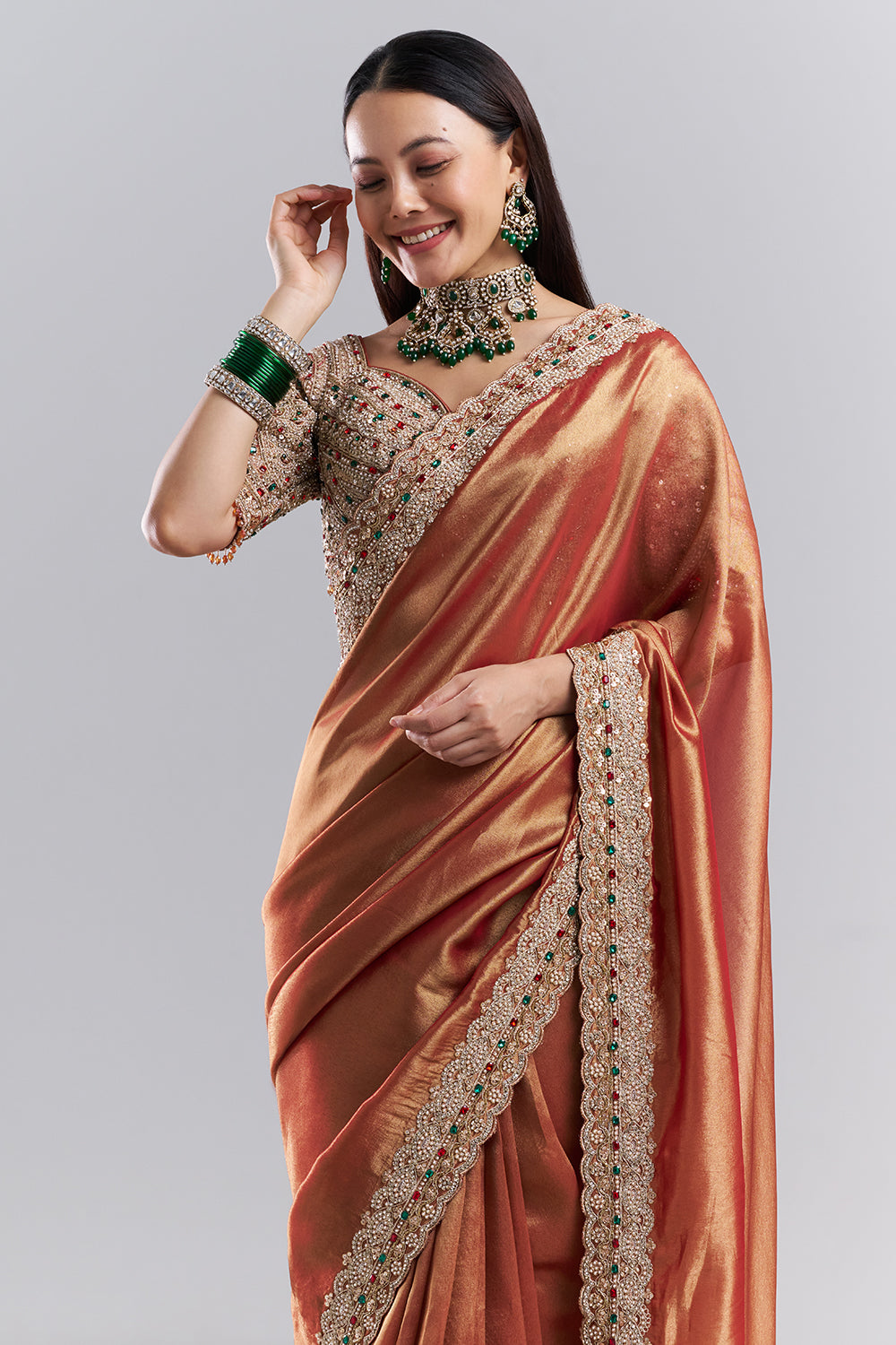 Rose Gold Embellished Border Saree and Unstitched Blouse