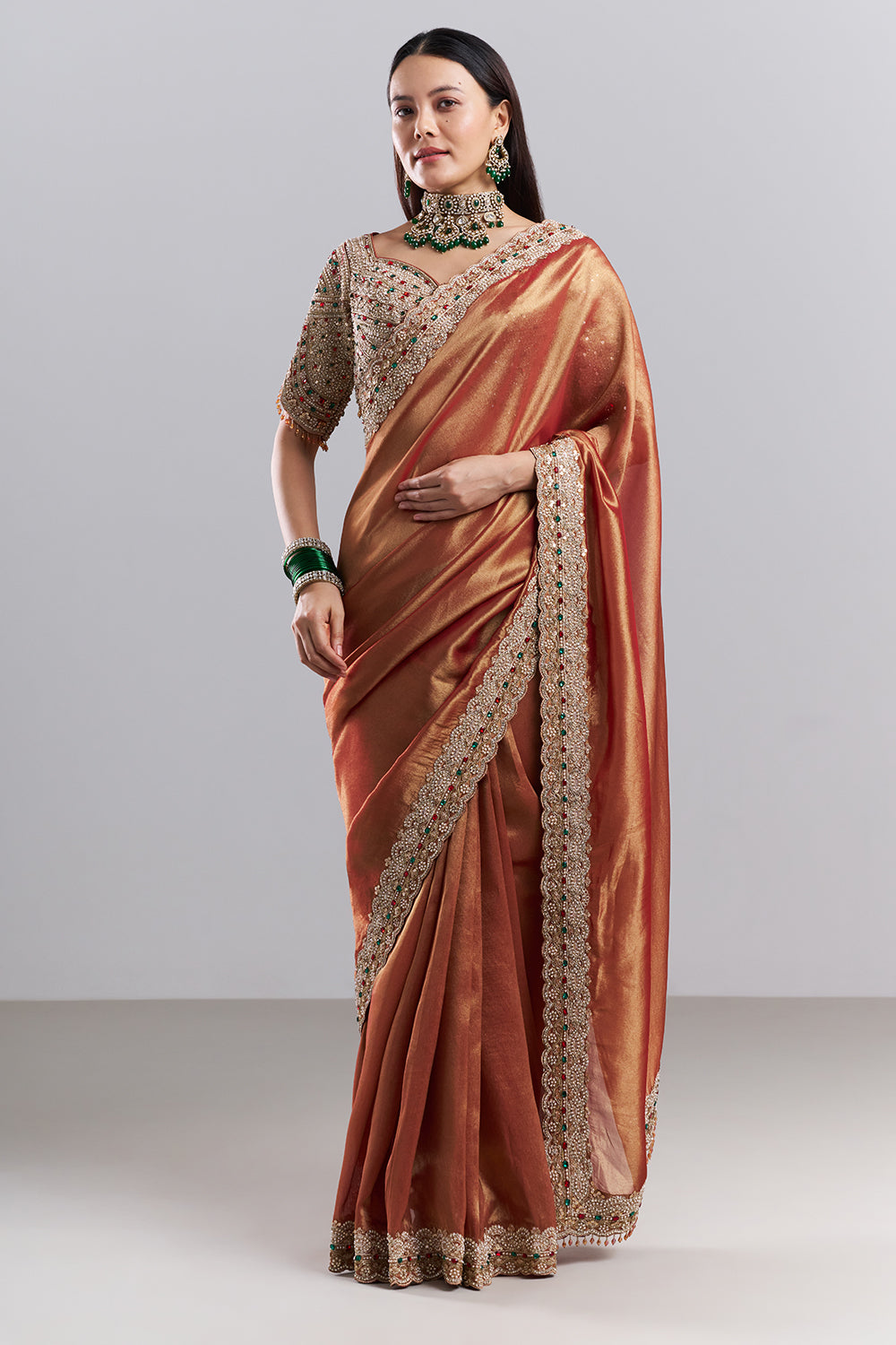 Rose Gold Embellished Border Saree and Unstitched Blouse