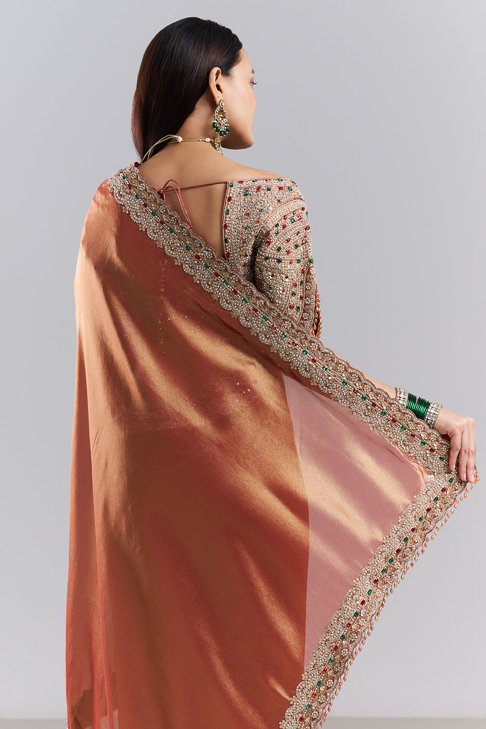 Rose Gold Embellished Border Saree and Unstitched Blouse