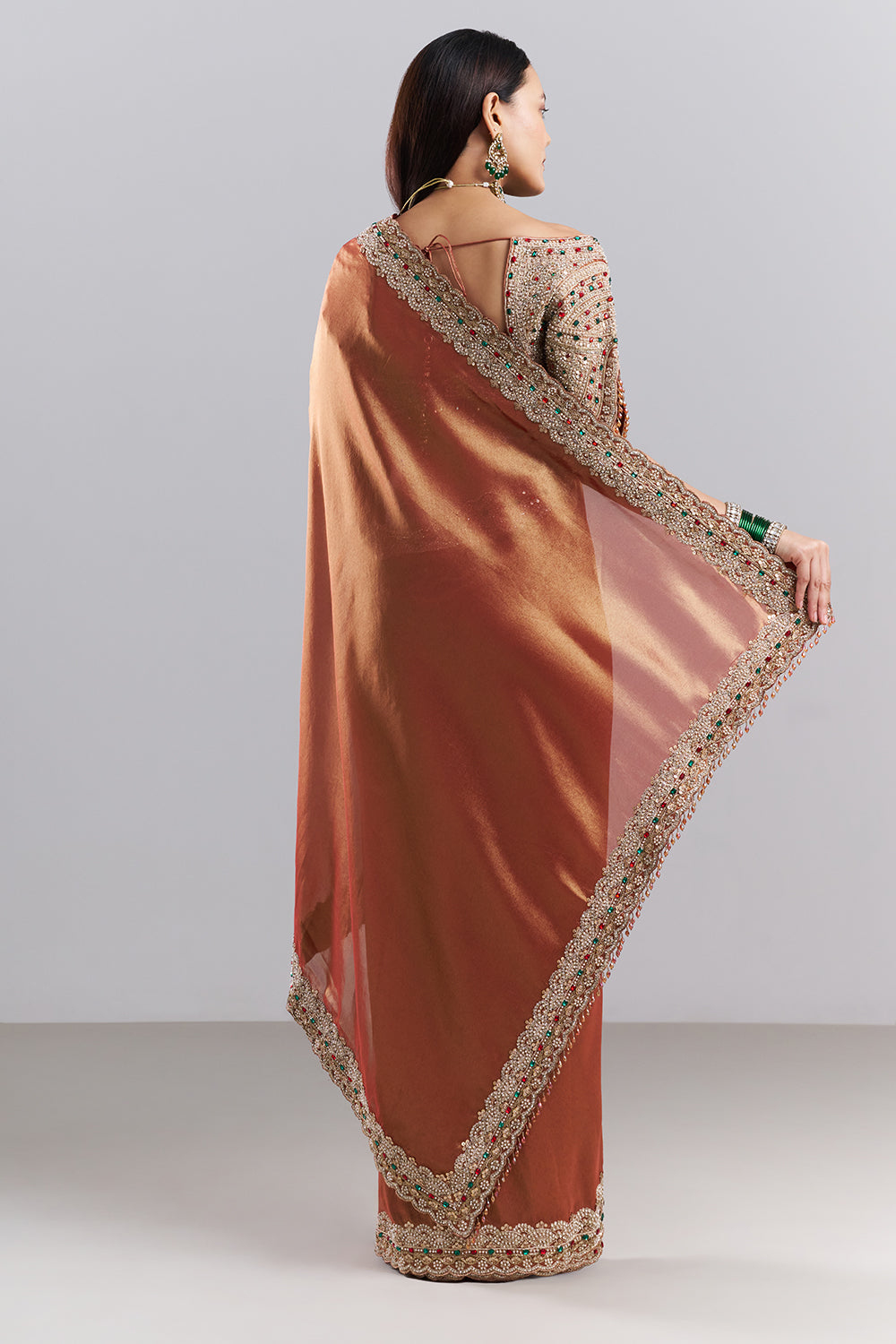 Rose Gold Embellished Border Saree and Unstitched Blouse