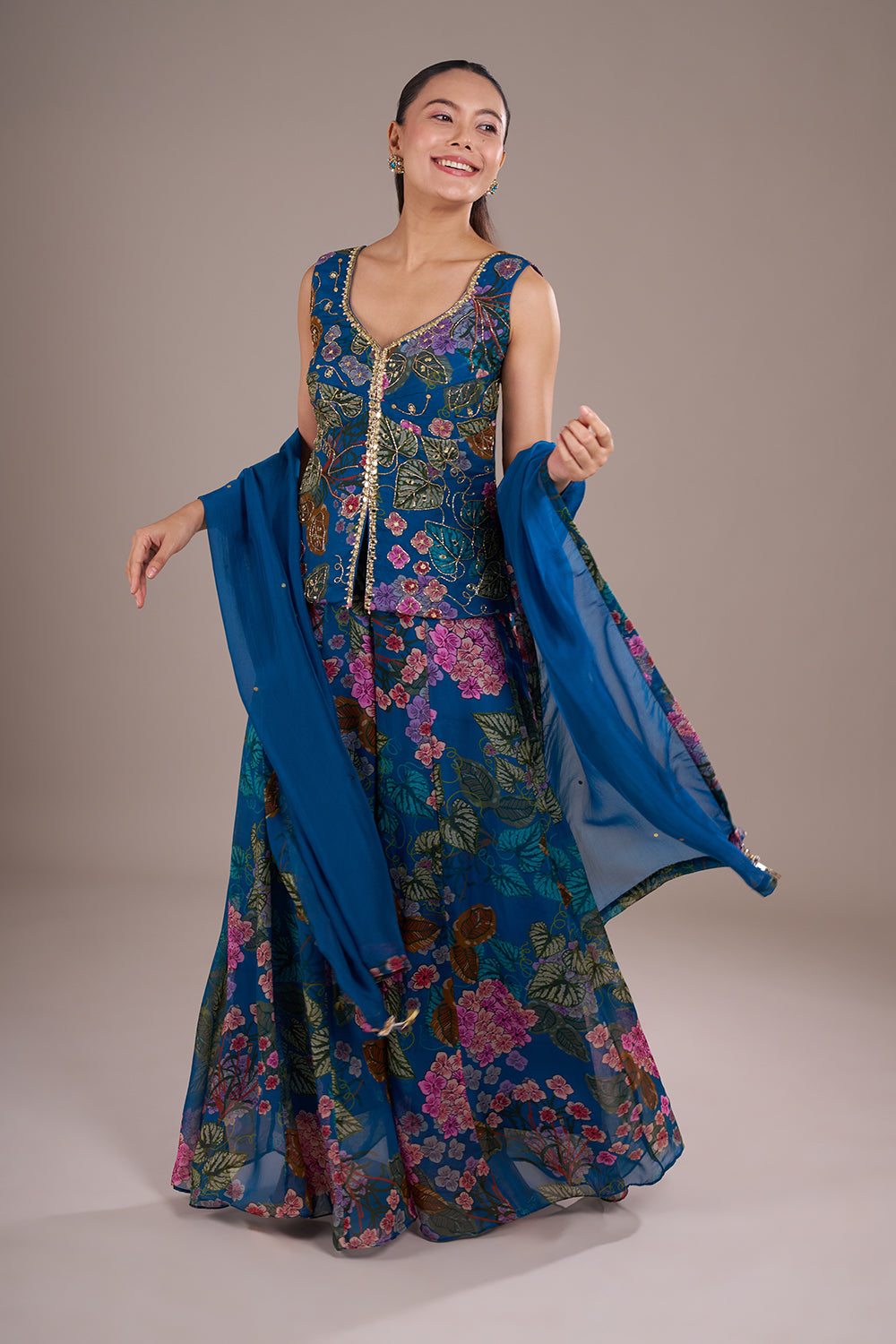 Buy Royal Blue Organza Floral Printed Indo-Western Set