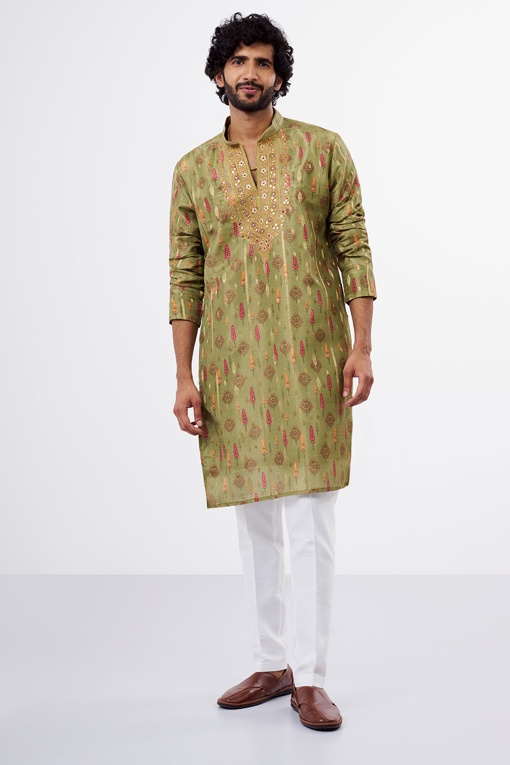 Sage Green Printed Tissue Silk Men's Kurta Set