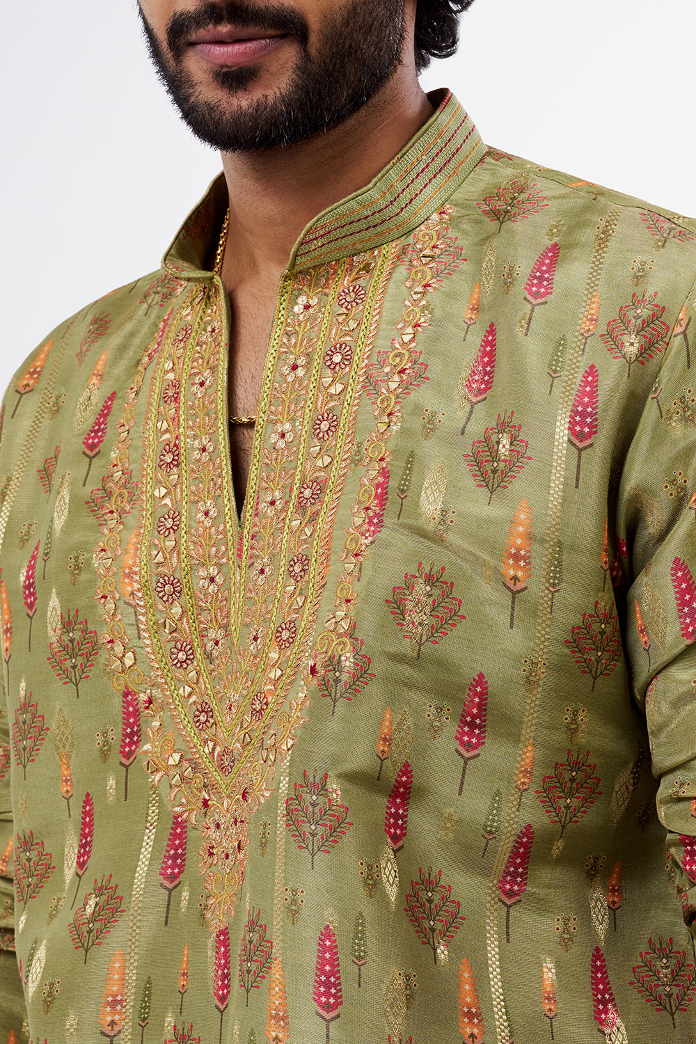 Sage Green Printed Tissue Silk Men's Kurta Set