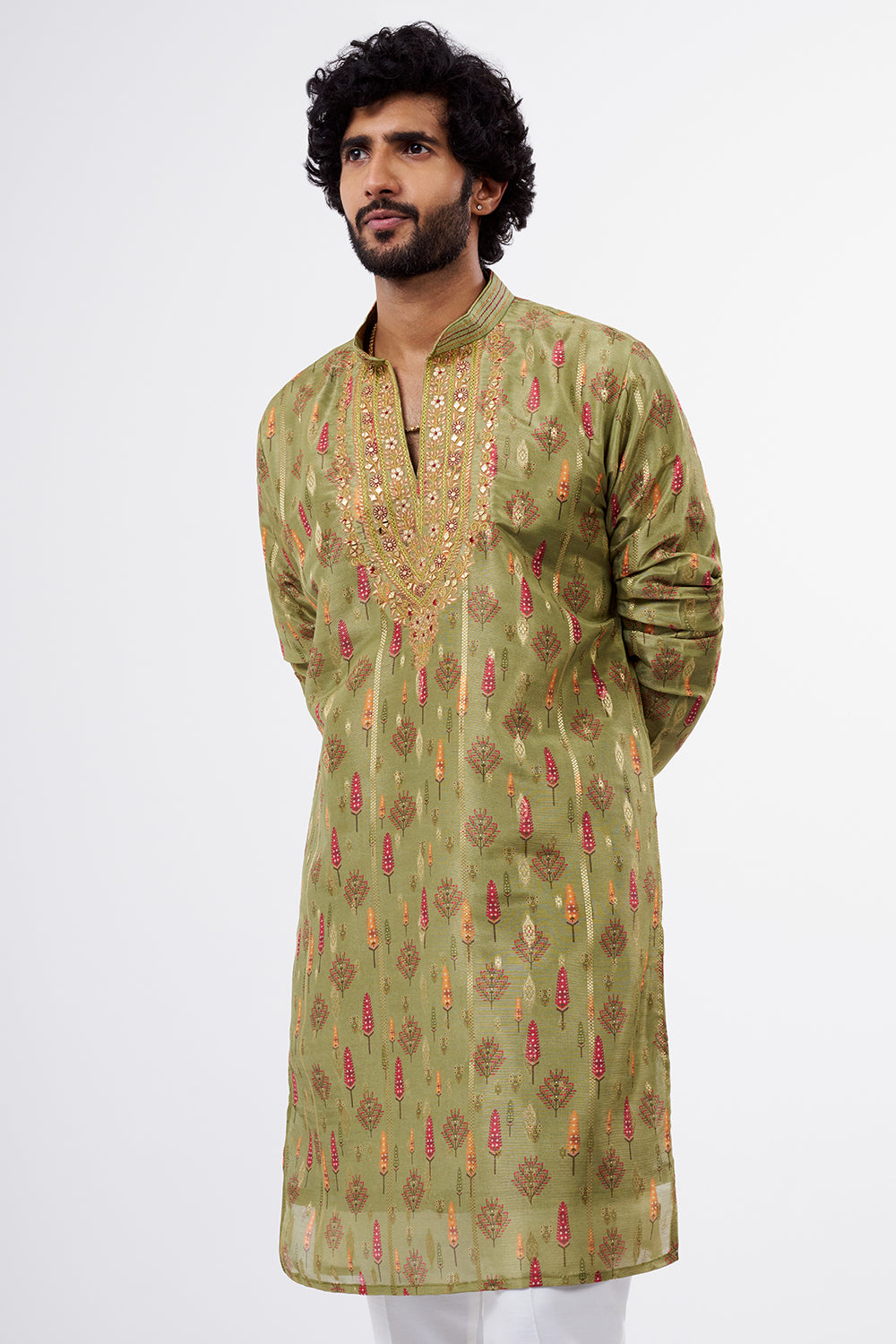 Sage Green Printed Tissue Silk Men's Kurta Set