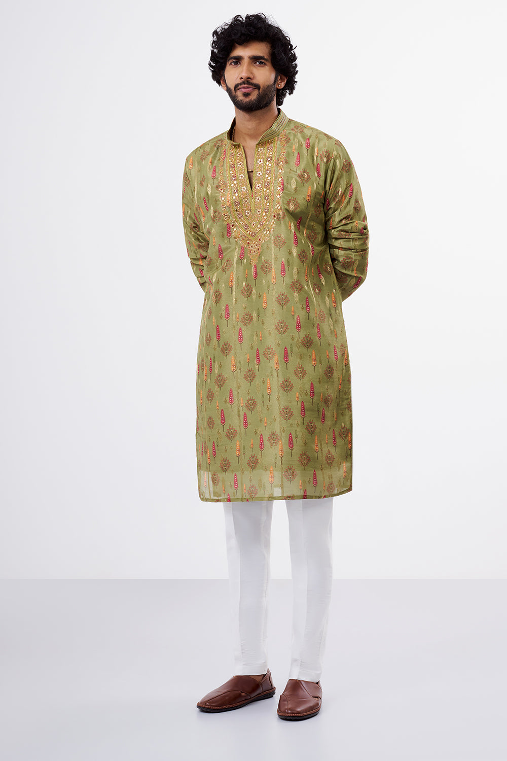 Sage Green Printed Tissue Silk Men's Kurta Set
