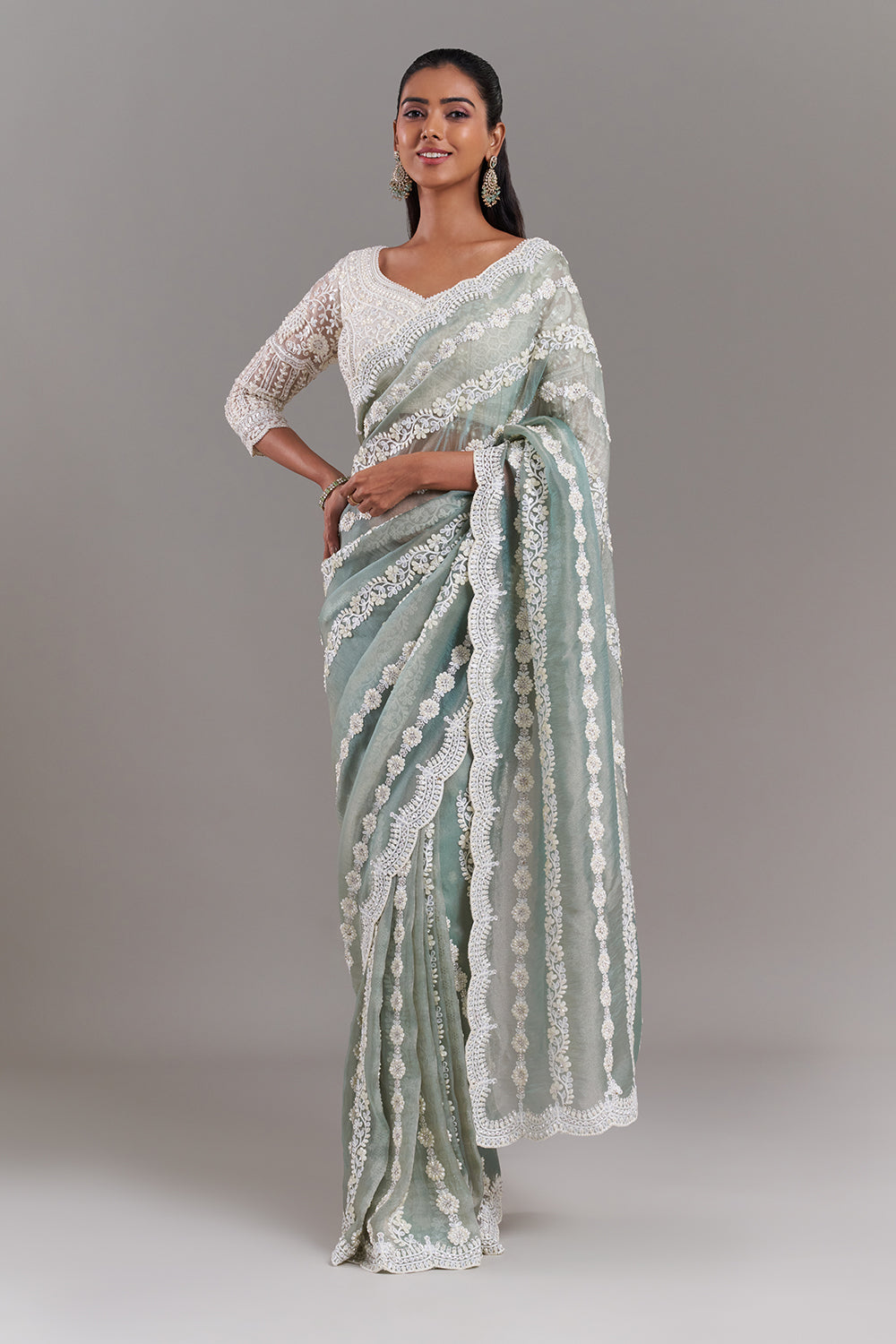 Sea Green Shimmer Aari Embroidered Saree