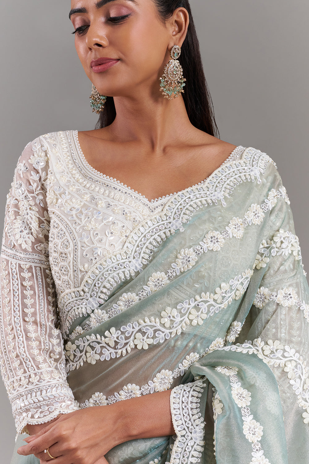 Sea Green Shimmer Aari Embroidered Saree