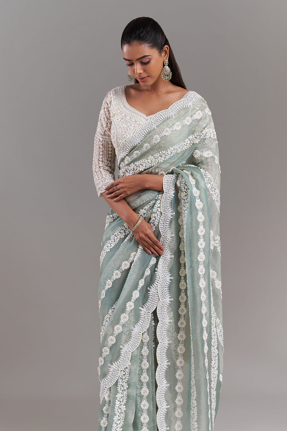 Sea Green Shimmer Aari Embroidered Saree