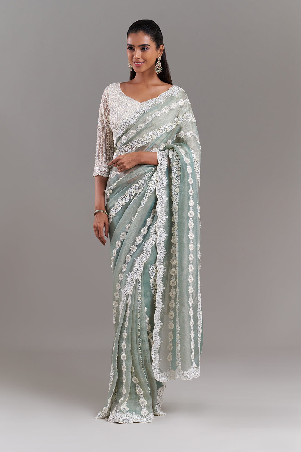 Sea Green Shimmer Aari Embroidered Saree