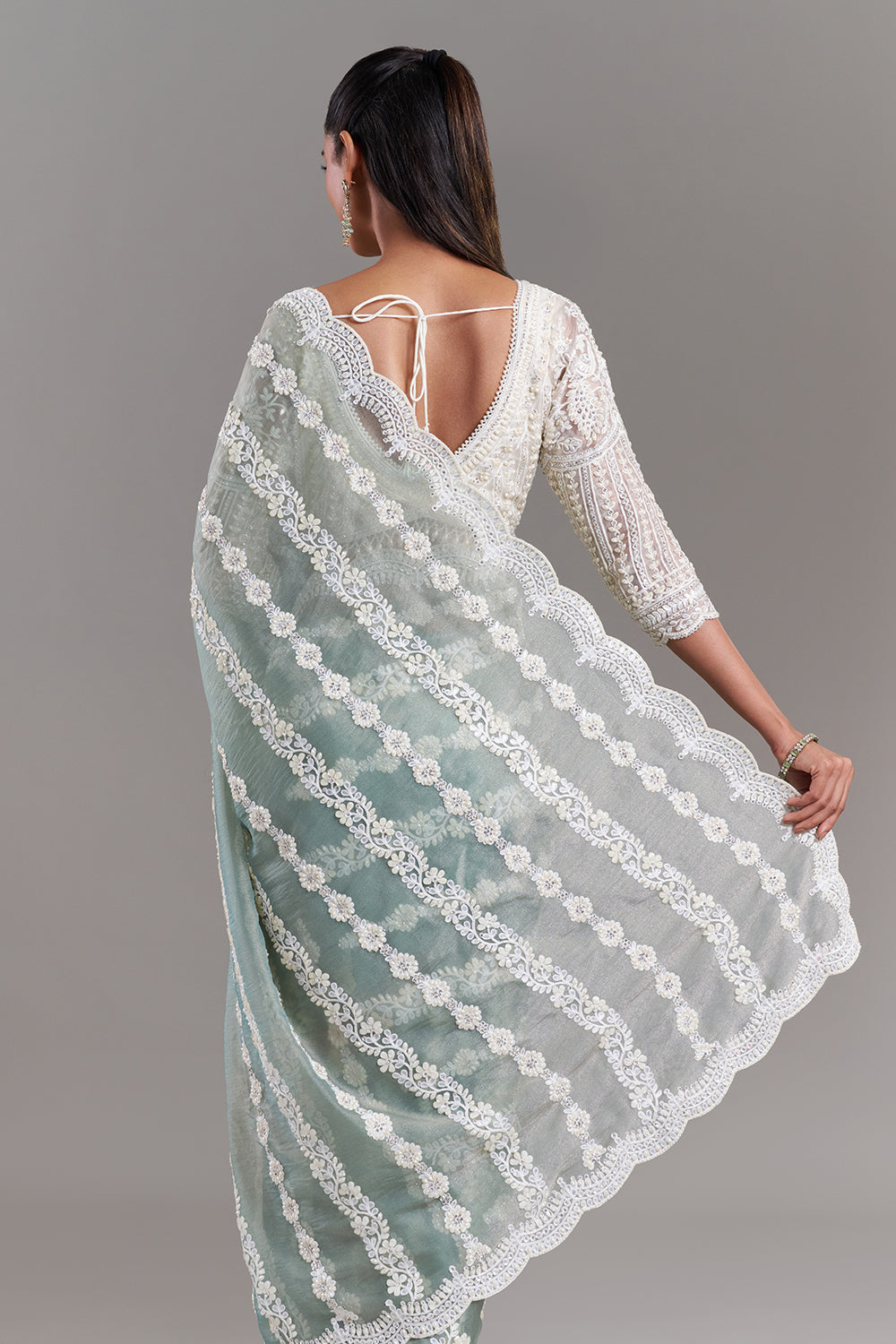 Sea Green Shimmer Aari Embroidered Saree