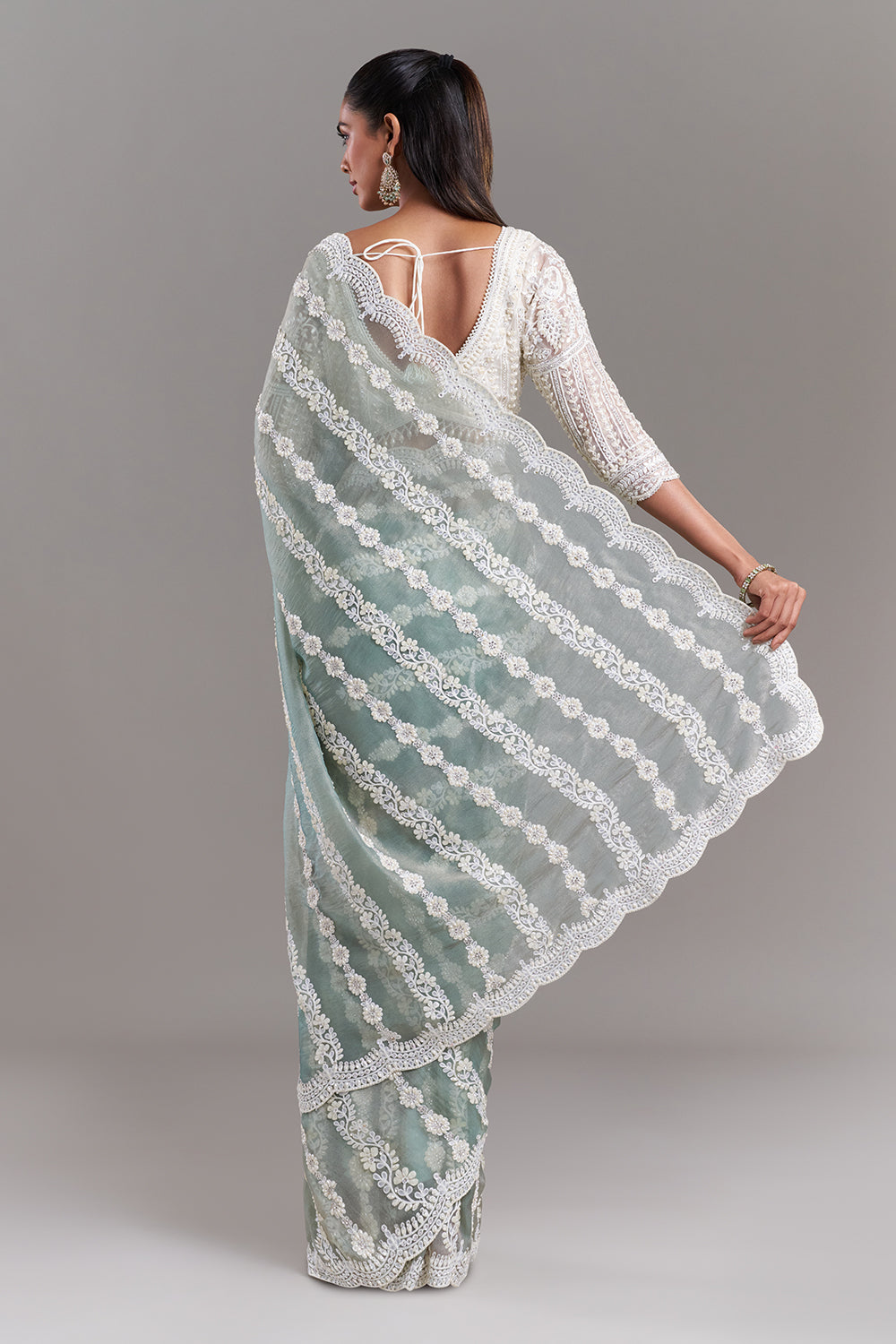 Sea Green Shimmer Aari Embroidered Saree