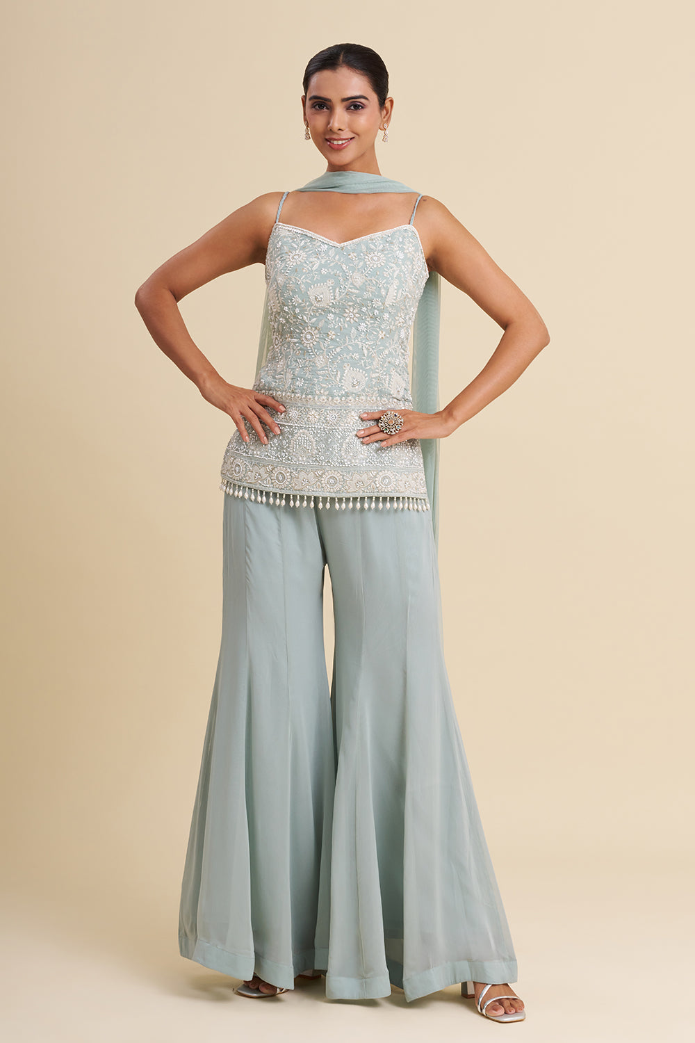Sea Green Viscose Georgette Sharara Set with Pearl Work