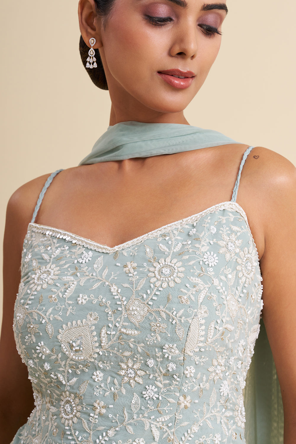 Sea Green Viscose Georgette Sharara Set with Pearl Work