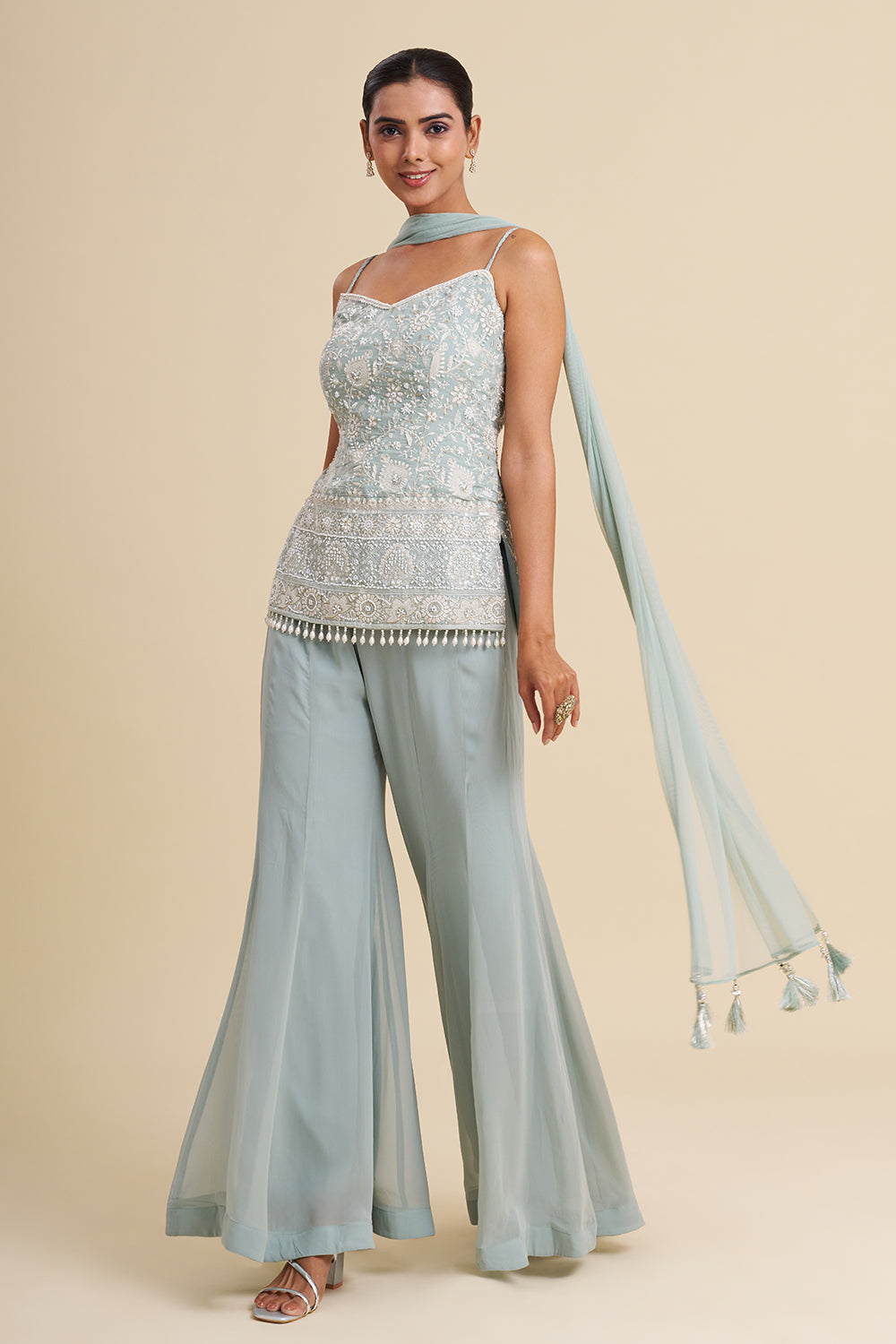 Sea Green Viscose Georgette Sharara Set with Pearl Work