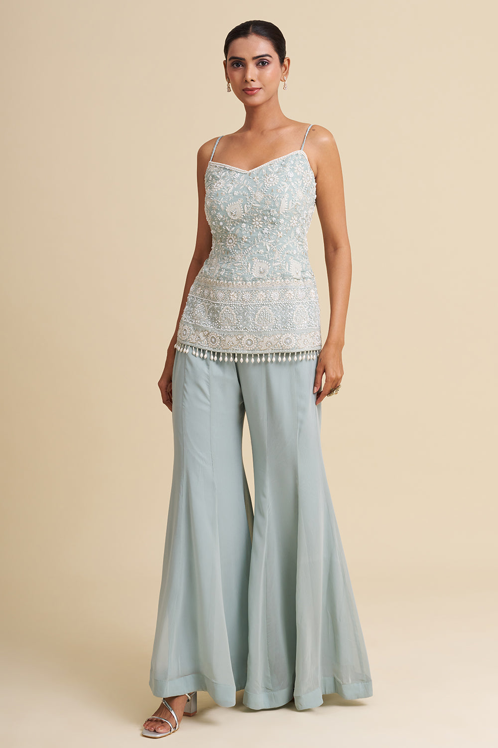 Sea Green Viscose Georgette Sharara Set with Pearl Work