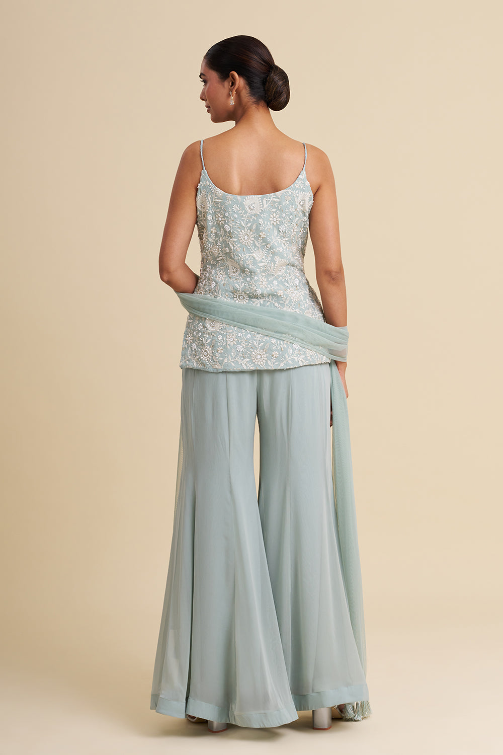 Sea Green Viscose Georgette Sharara Set with Pearl Work