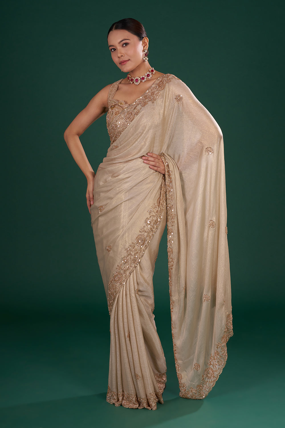 Shimmer Gold Embroidered Shimmer Crush Chiffon Saree with Rose Gold Sequin & Cut Dana Hand Work