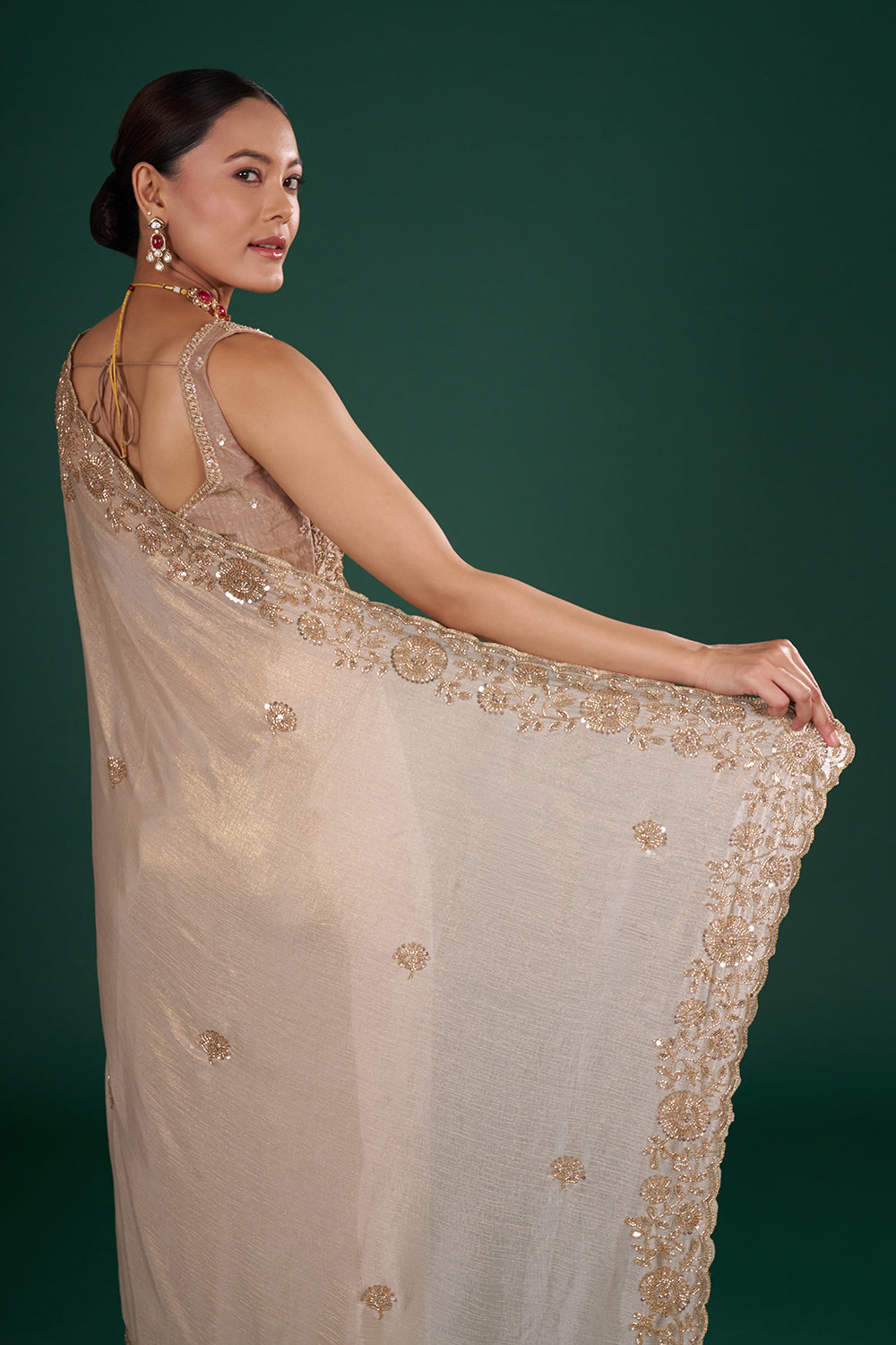Shimmer Gold Embroidered Shimmer Crush Chiffon Saree with Rose Gold Sequin & Cut Dana Hand Work