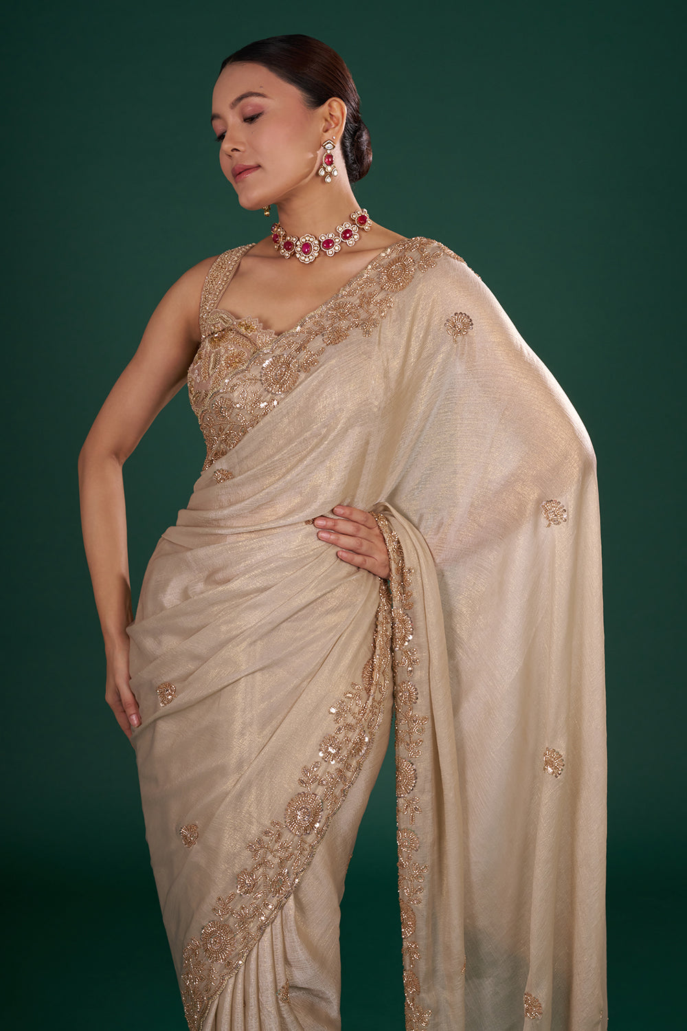 Shimmer Gold Embroidered Shimmer Crush Chiffon Saree with Rose Gold Sequin & Cut Dana Hand Work