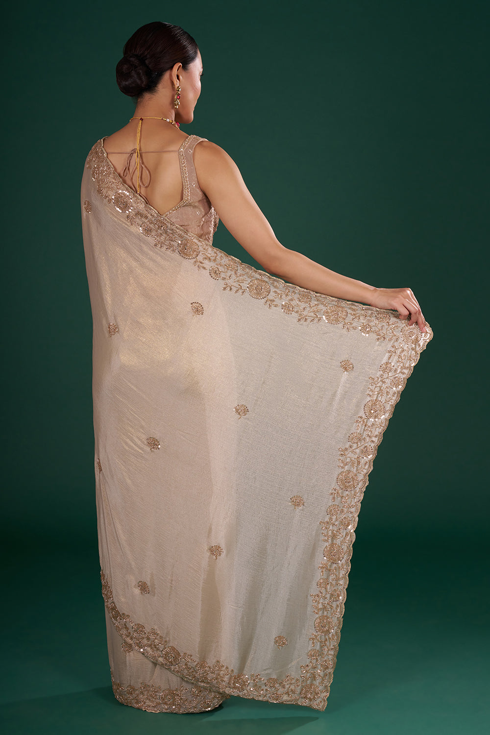 Shimmer Gold Embroidered Shimmer Crush Chiffon Saree with Rose Gold Sequin & Cut Dana Hand Work