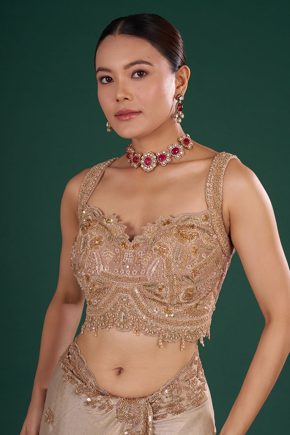 Shimmer Gold Embroidered Shimmer Crush Chiffon Saree with Rose Gold Sequin & Cut Dana Hand Work
