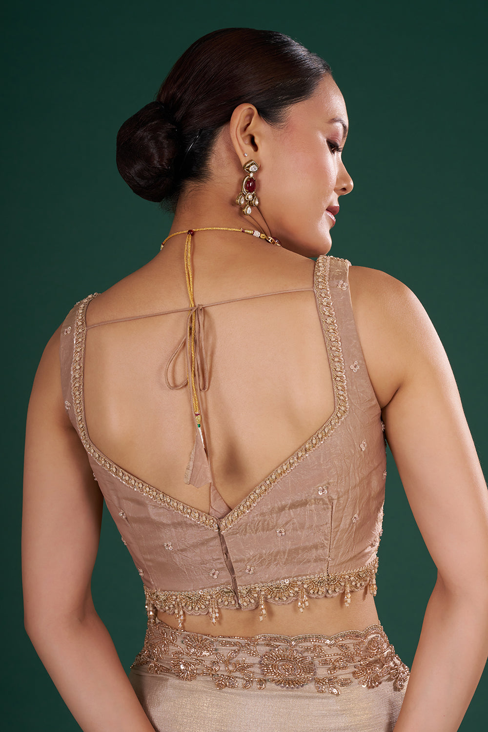 Shimmer Gold Embroidered Shimmer Crush Chiffon Saree with Rose Gold Sequin & Cut Dana Hand Work