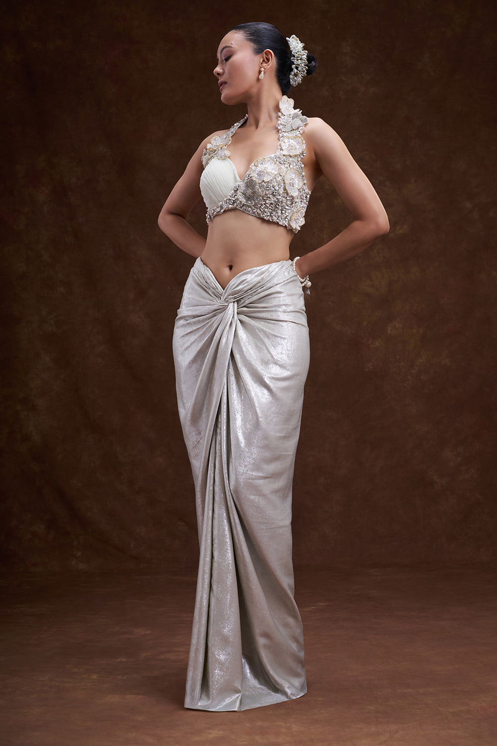 Silverish Cream Shimmer Satin Draped Skirt Set