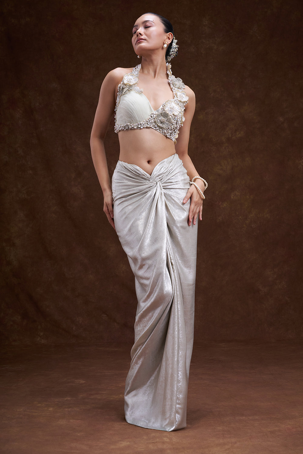 Silverish Cream Shimmer Satin Draped Skirt Set