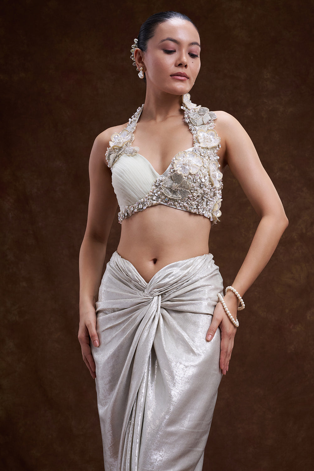 Silverish Cream Shimmer Satin Draped Skirt Set