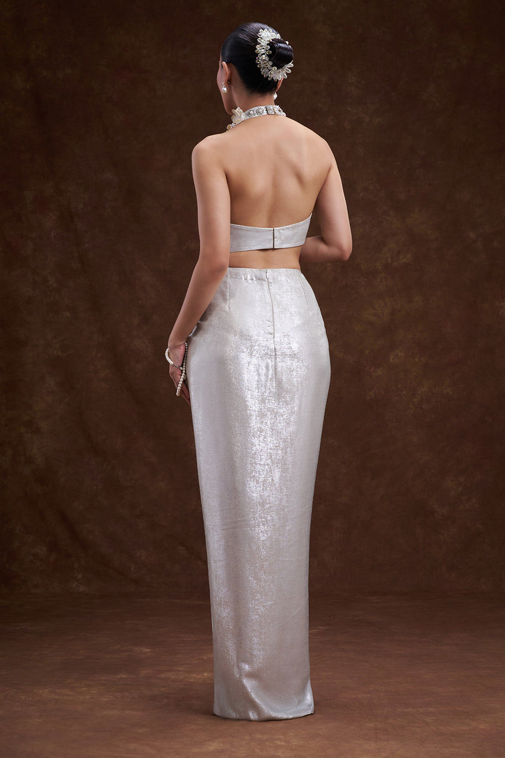 Silverish Cream Shimmer Satin Draped Skirt Set