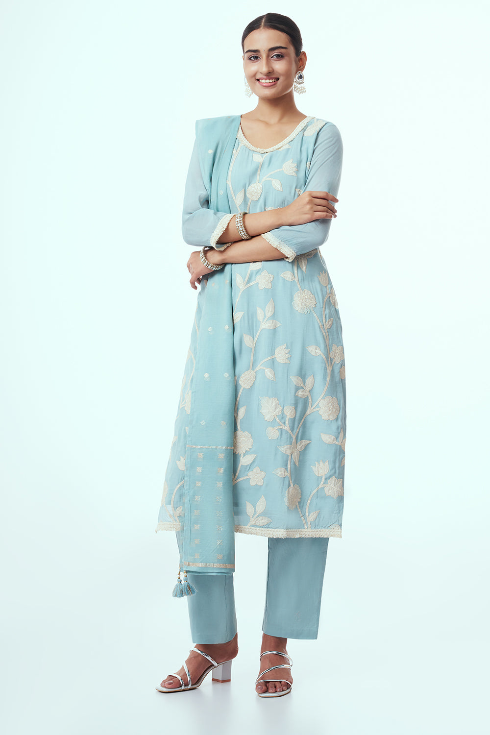 Sky Blue Tissue Kurta Set with Applique Work
