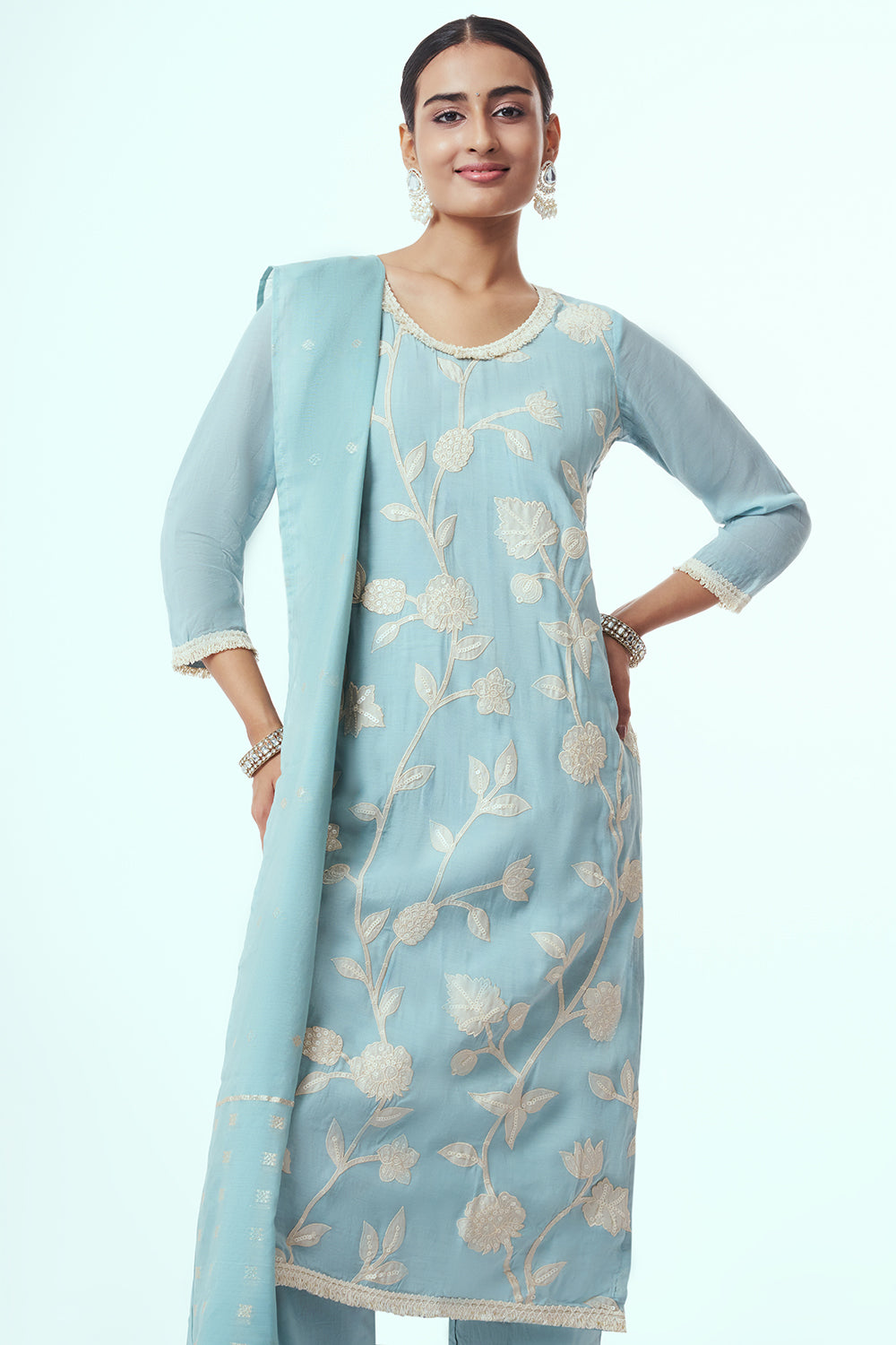 Sky Blue Tissue Kurta Set with Applique Work