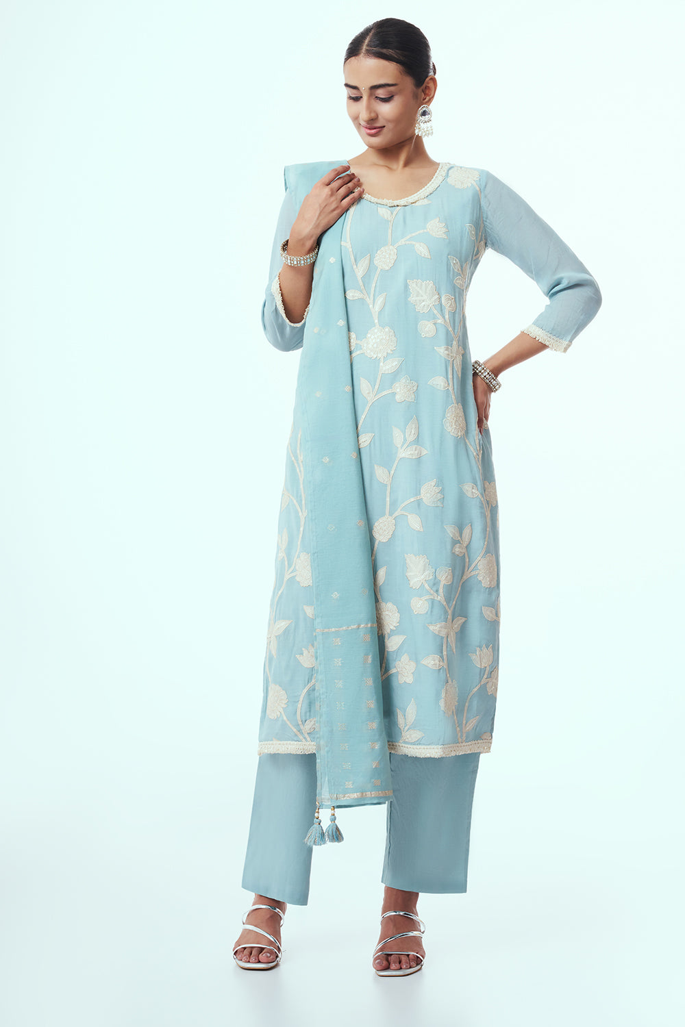 Sky Blue Tissue Kurta Set with Applique Work