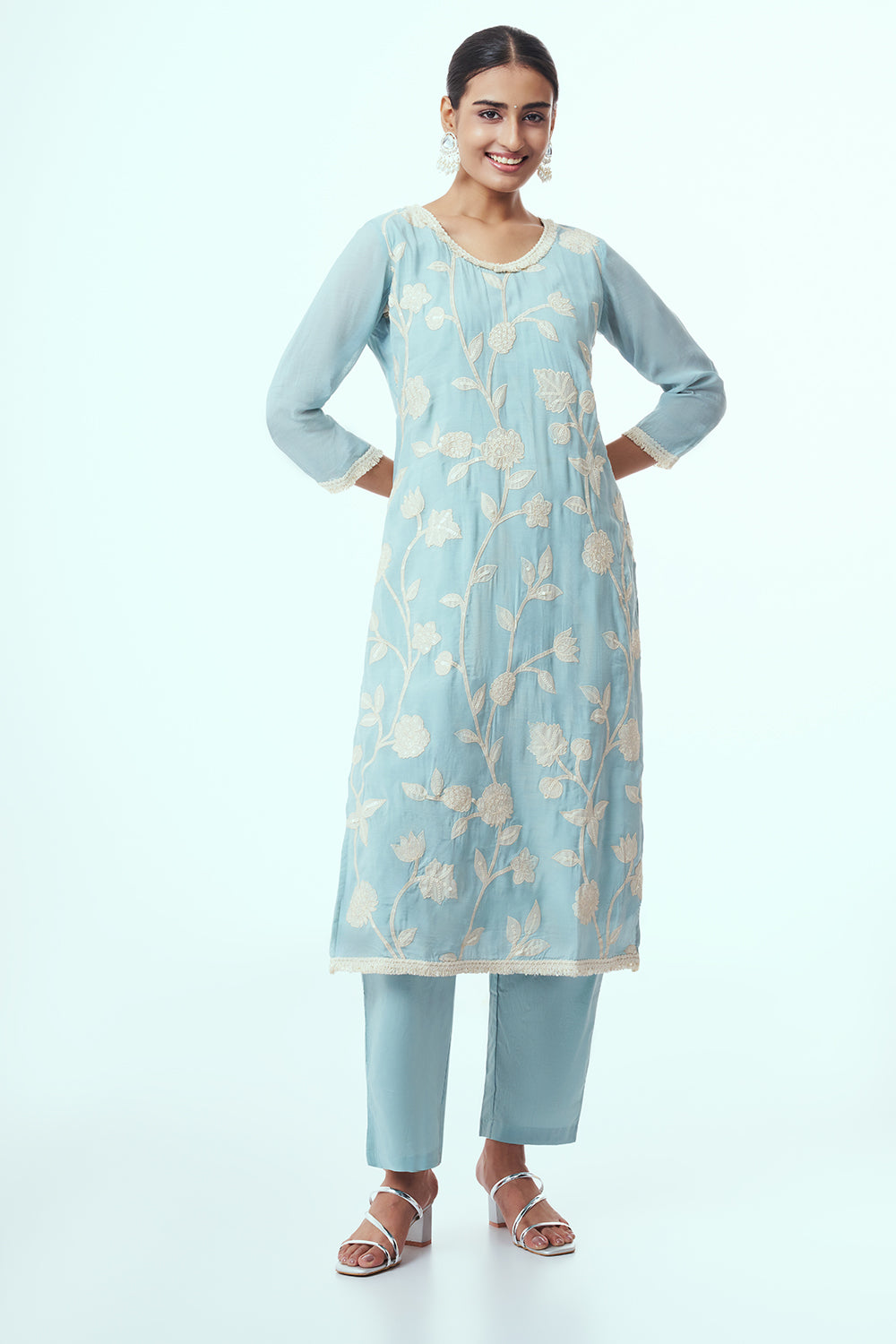 Sky Blue Tissue Kurta Set with Applique Work