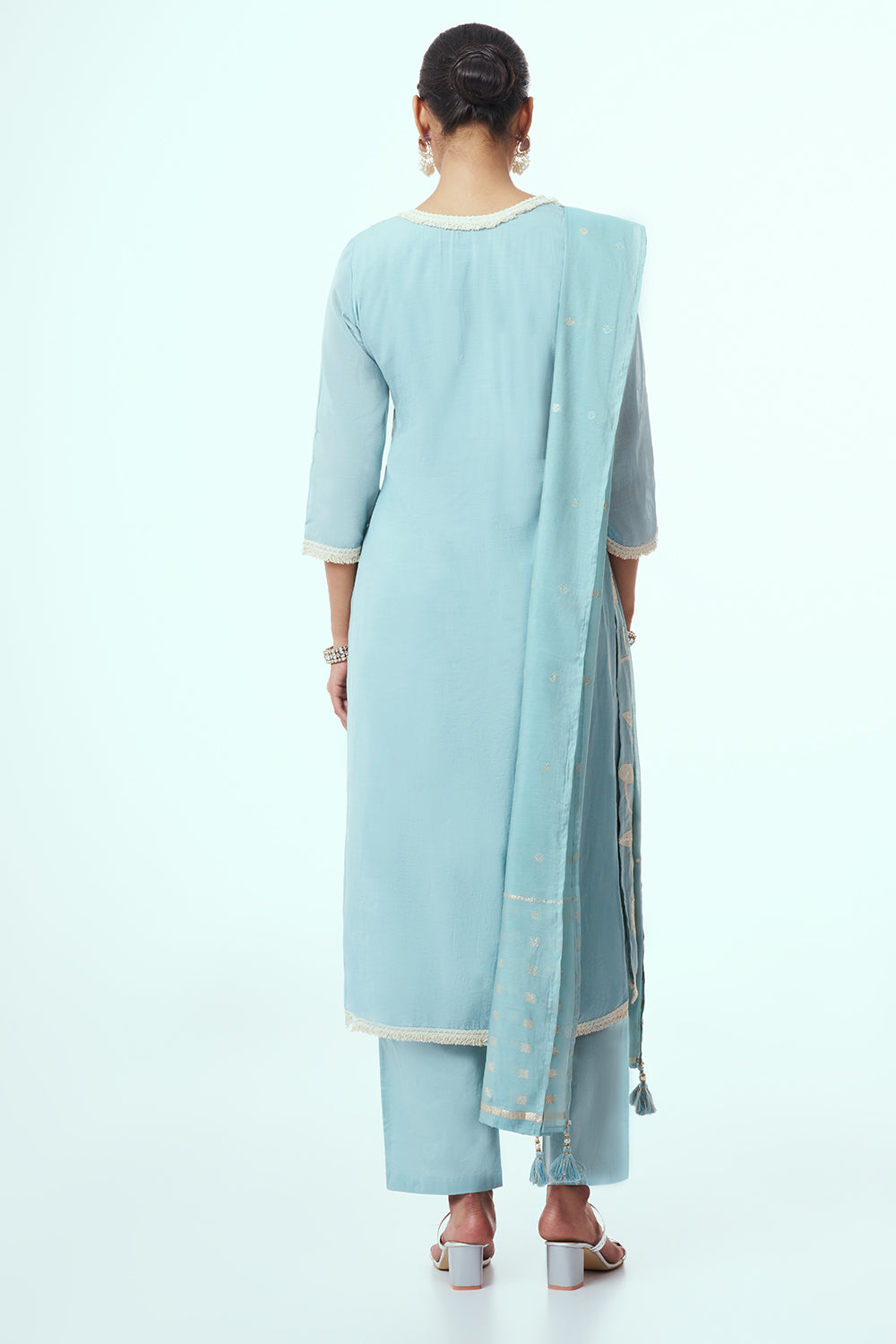Sky Blue Tissue Kurta Set with Applique Work