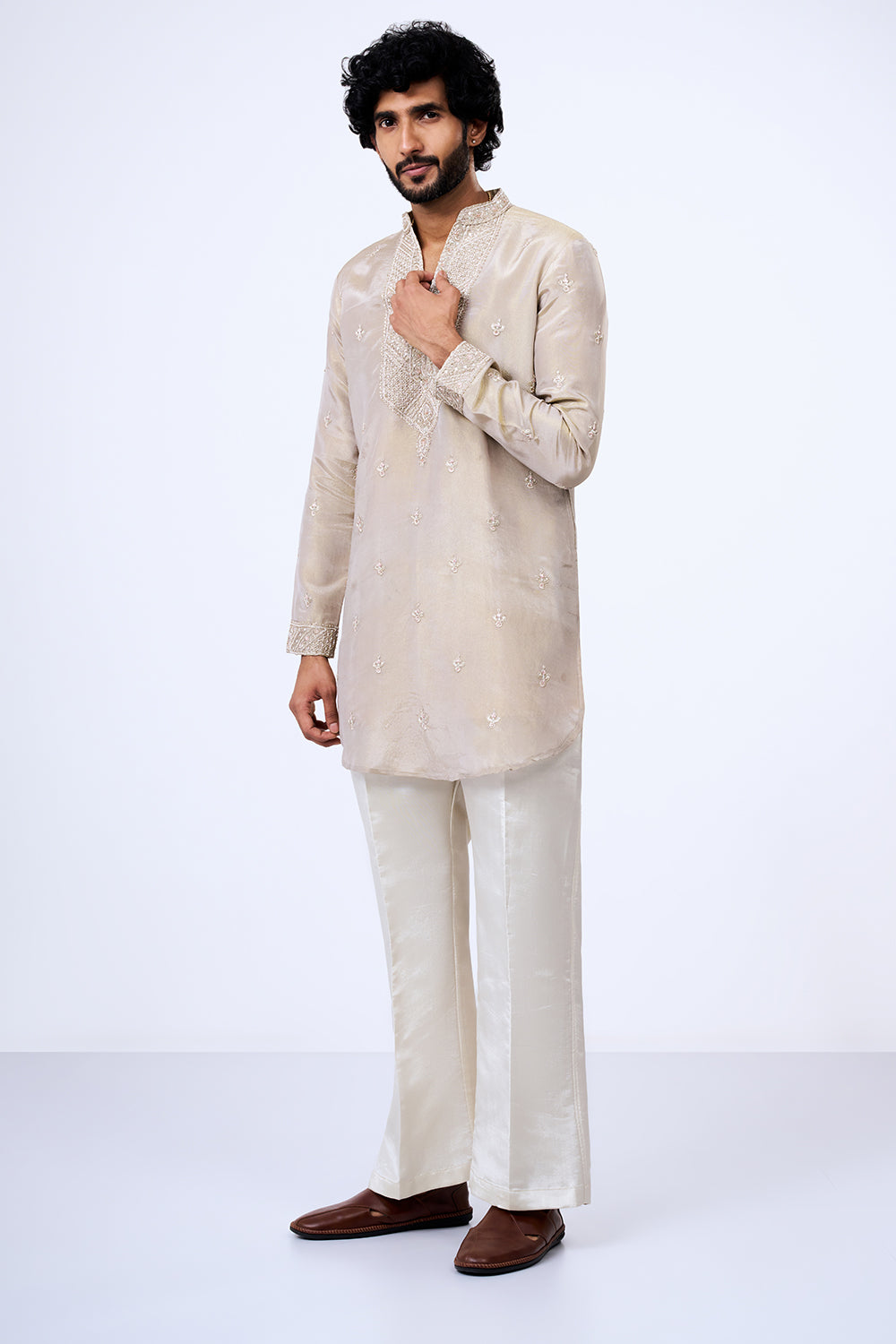 Taupe Shimmer Georgette Zardosi Embellished Kurta Set
