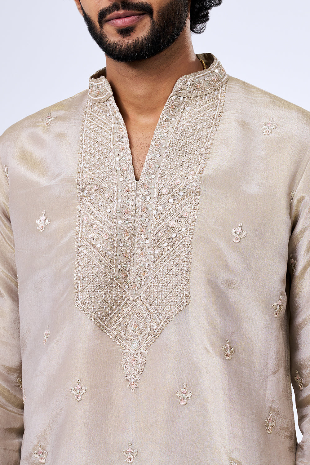 Taupe Shimmer Georgette Zardosi Embellished Kurta Set